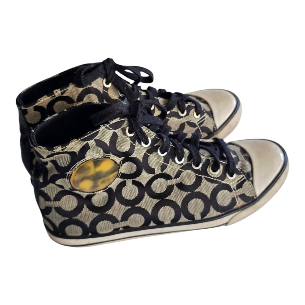 Coach Cardinal High Top Sneakers Women Sz 8B Black White Signature Logo … - Picture 3 of 16